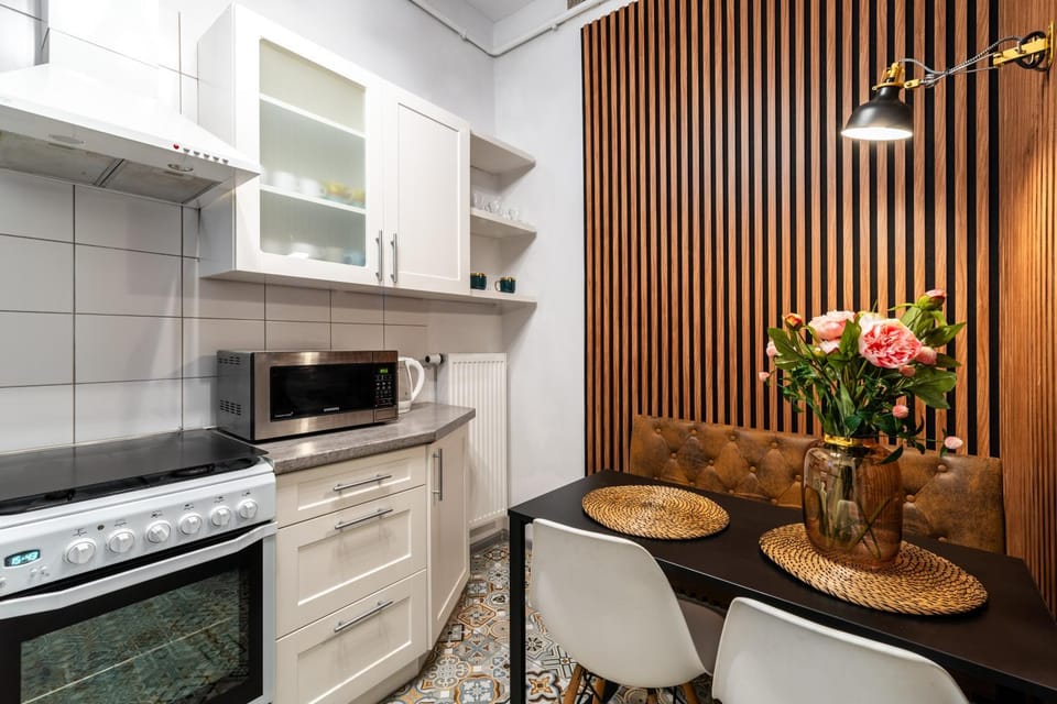 Dining area, locker, microwave, kitchen