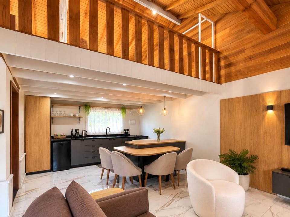 Kitchen or kitchenette, Living room, Seating area, Dining area