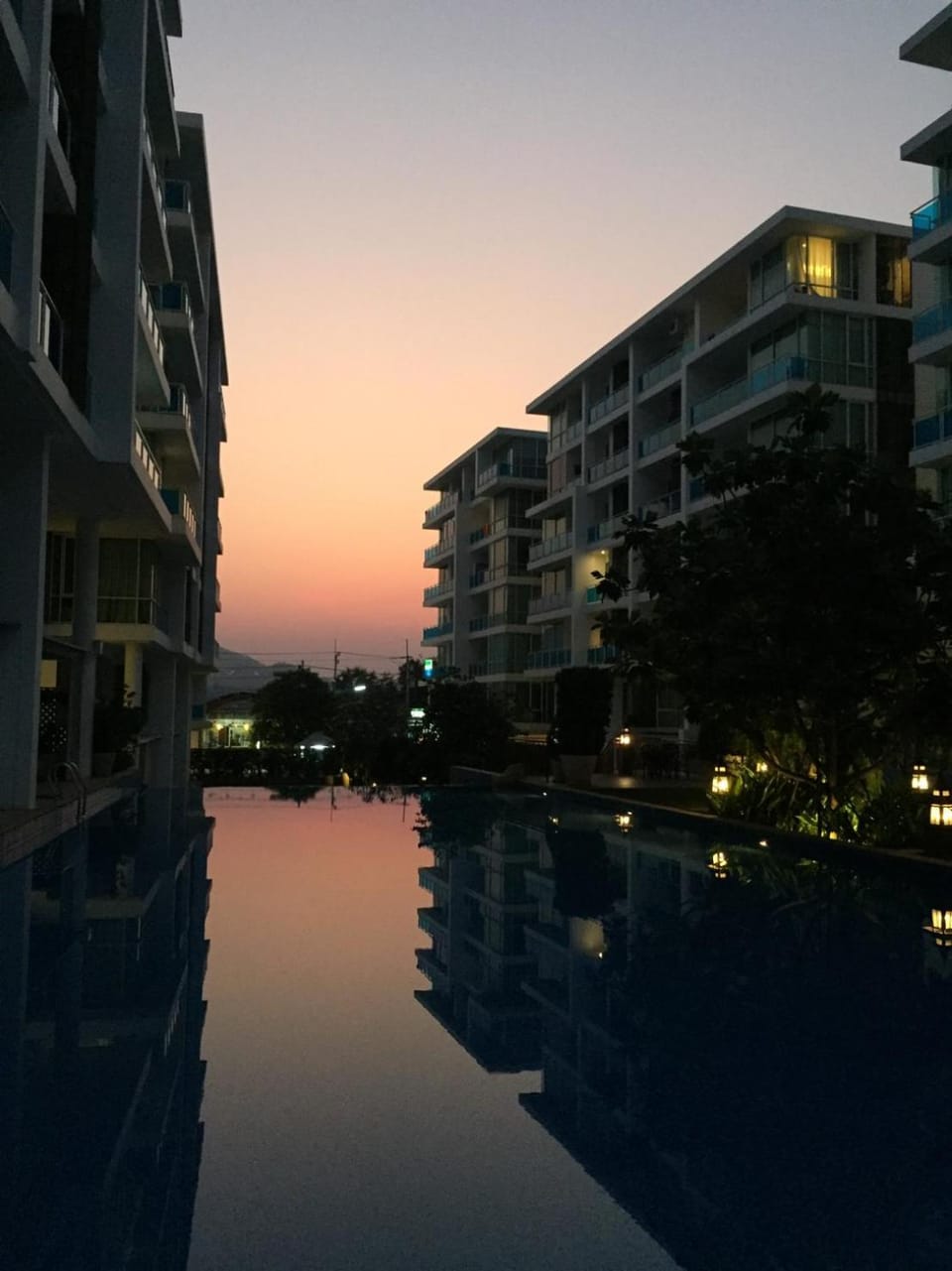 Property building, Swimming pool, Sunset
