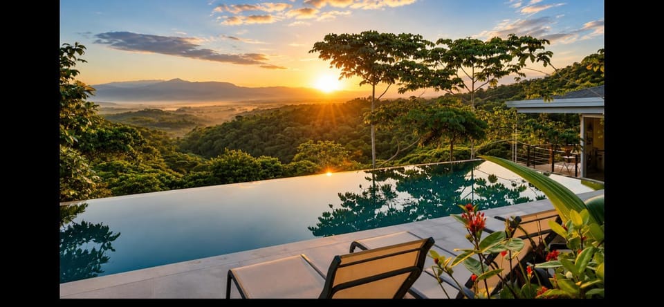 Mountain view, Swimming pool, Sunrise