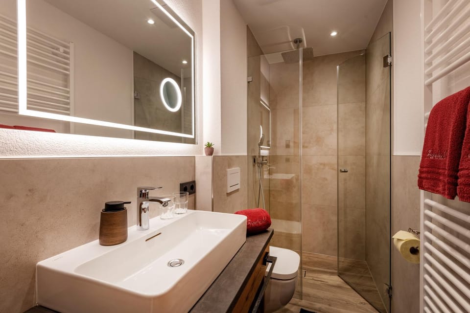 Shower, Toilet, Bathroom, hair dryier, towels
