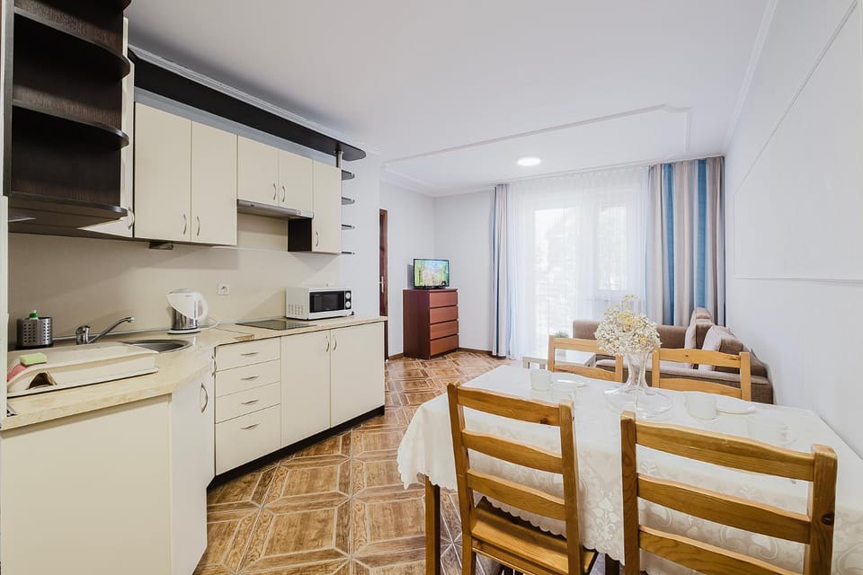 Kitchen or kitchenette, Living room, Dining area, oven, stove