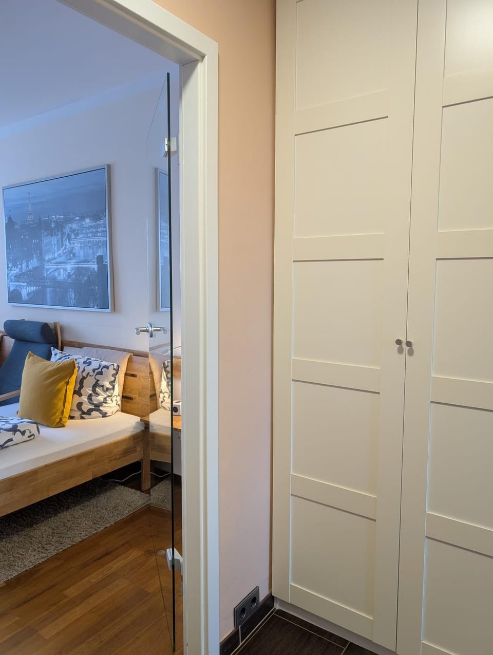 Bed, wardrobe