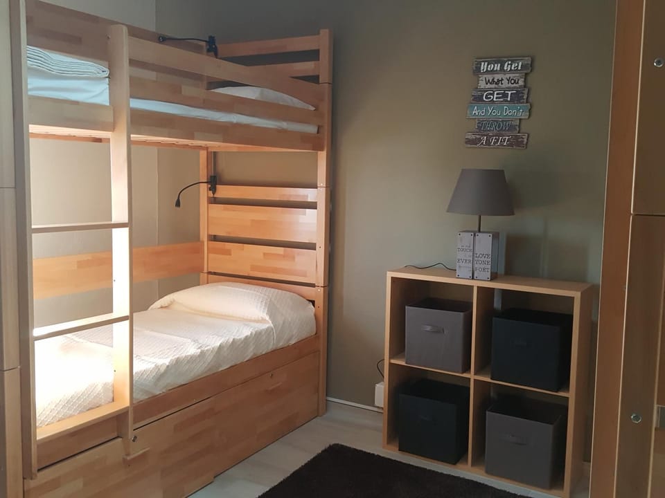 Photo of the whole room, group of guests, bunk bed
