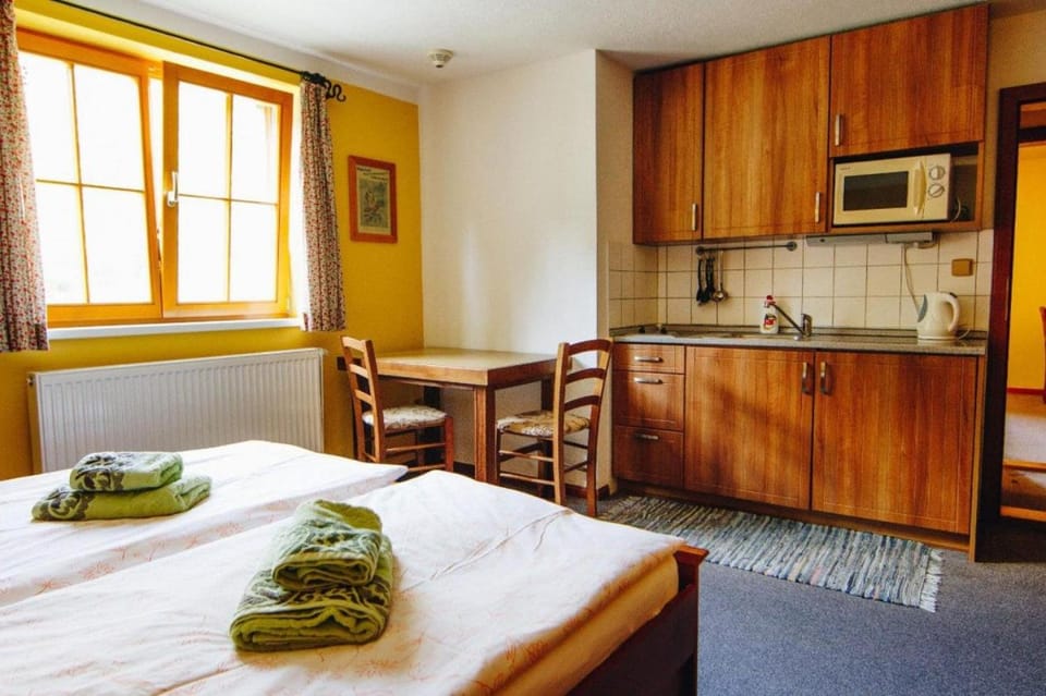Bed, kitchen