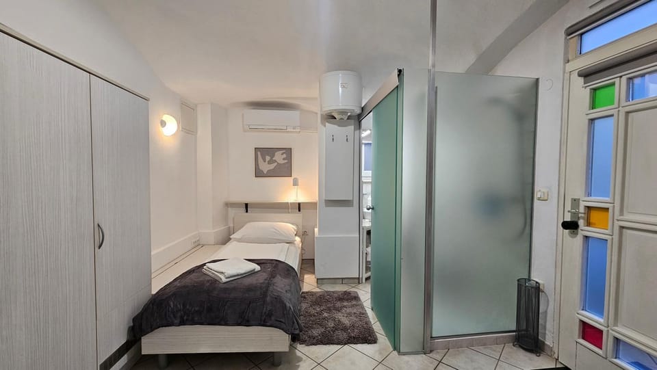 Shower, Bed, Photo of the whole room, Bedroom, air conditioner
