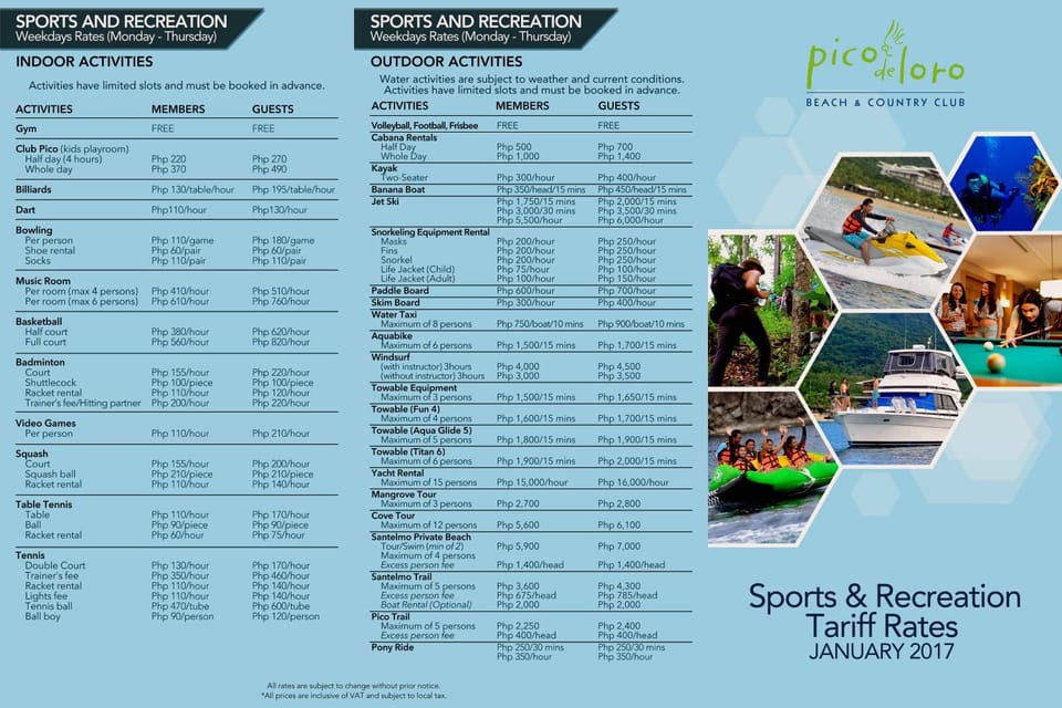 Billiard, Bowling, Children play ground, Darts, Game Room, Horse-riding, Karaoke, Snorkeling, Squash, Table tennis, Tennis court, Windsurfing, Canoeing, Hiking, Cycling, Kids's club