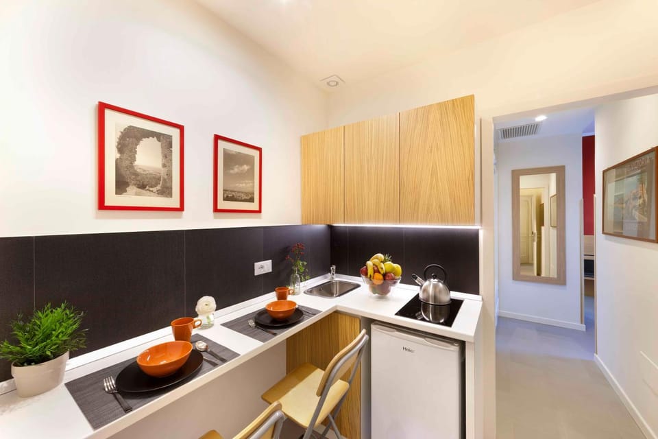 Kitchen or kitchenette, stove