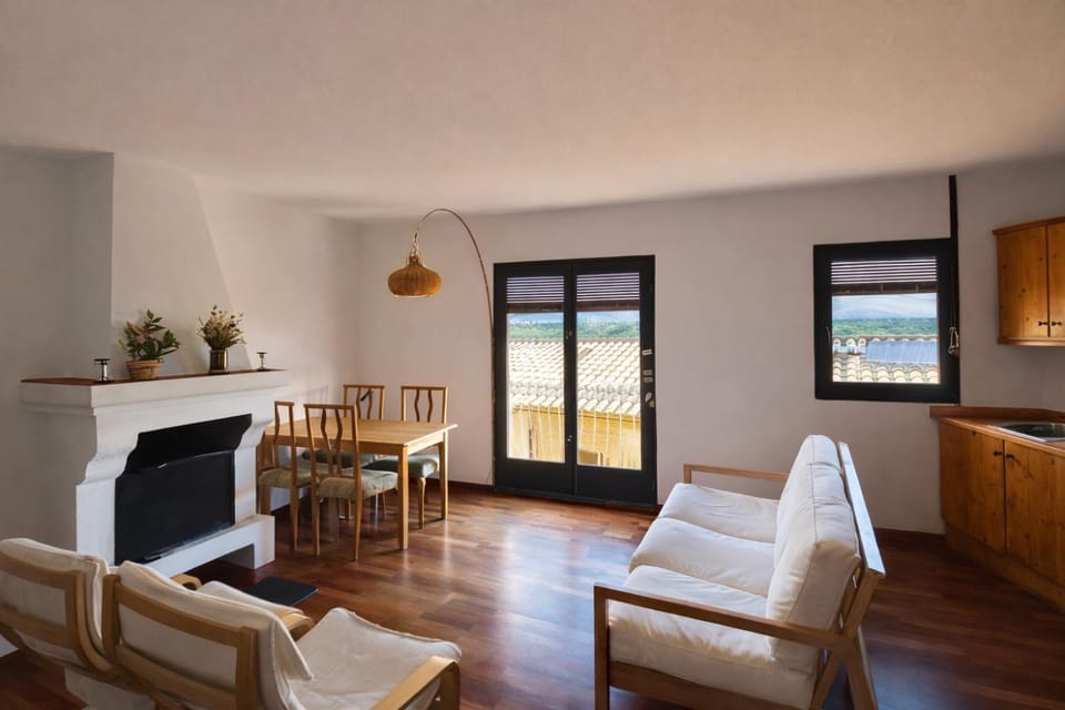 Living room, fireplace, kitchen