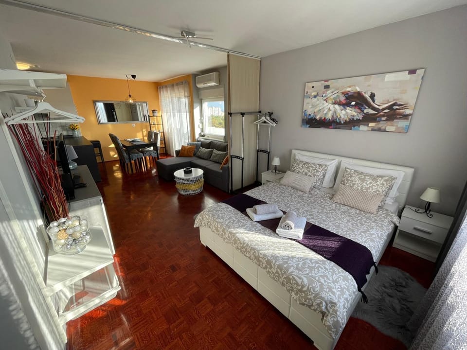 Bed, TV and multimedia, Kitchen or kitchenette, Living room, Photo of the whole room, Seating area, Bedroom, towels, wardrobe, air conditioner
