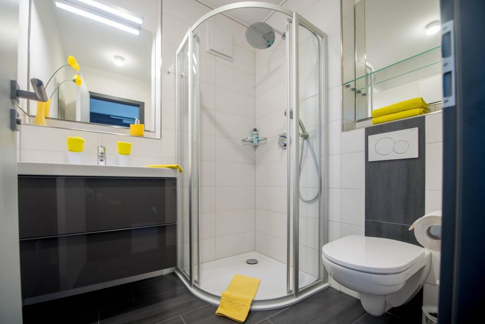 Shower, Toilet, Bathroom, hair dryier, towels