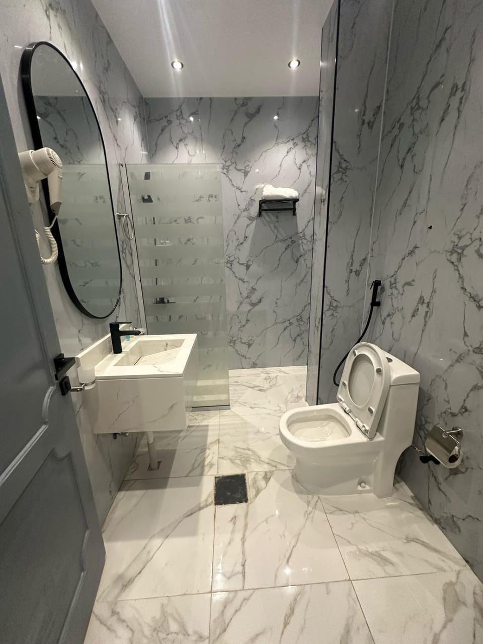 Shower, Toilet, bidet, towels