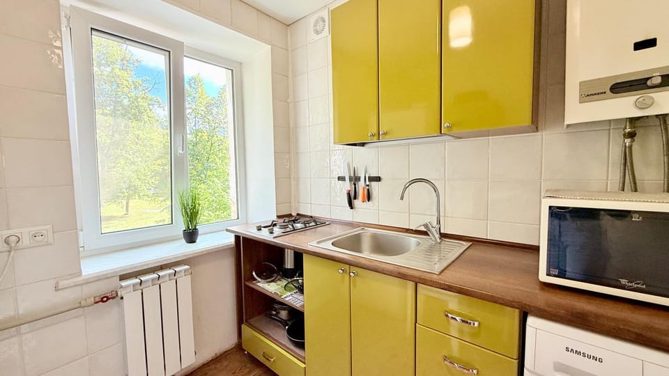 Kitchen or kitchenette, stove