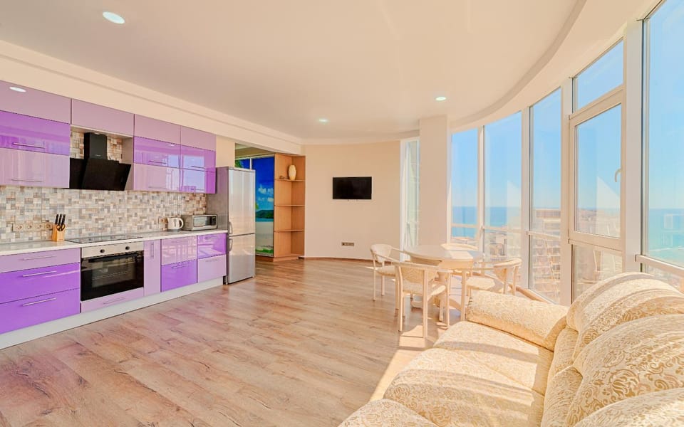 Kitchen or kitchenette, Living room, Dining area, Landmark view, Sea view