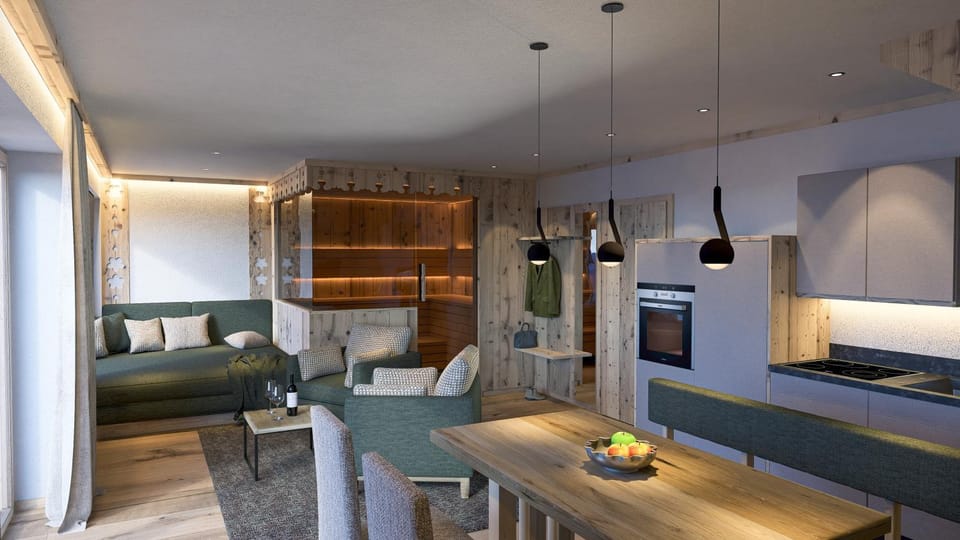 Kitchen or kitchenette, Living room, Seating area, Dining area