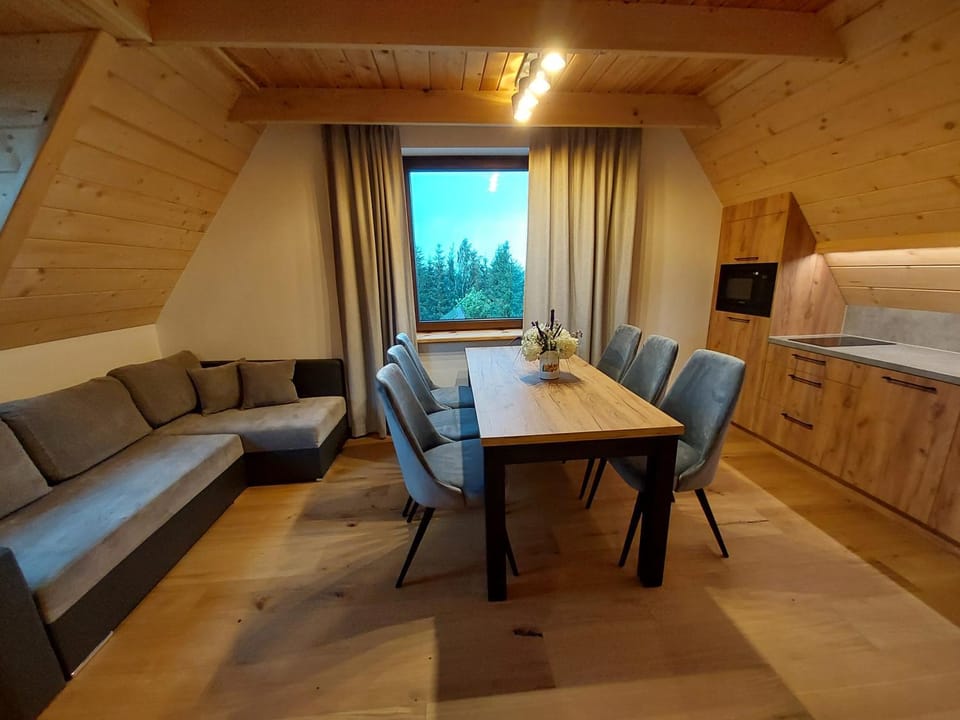 Kitchen or kitchenette, Living room, Seating area, Dining area
