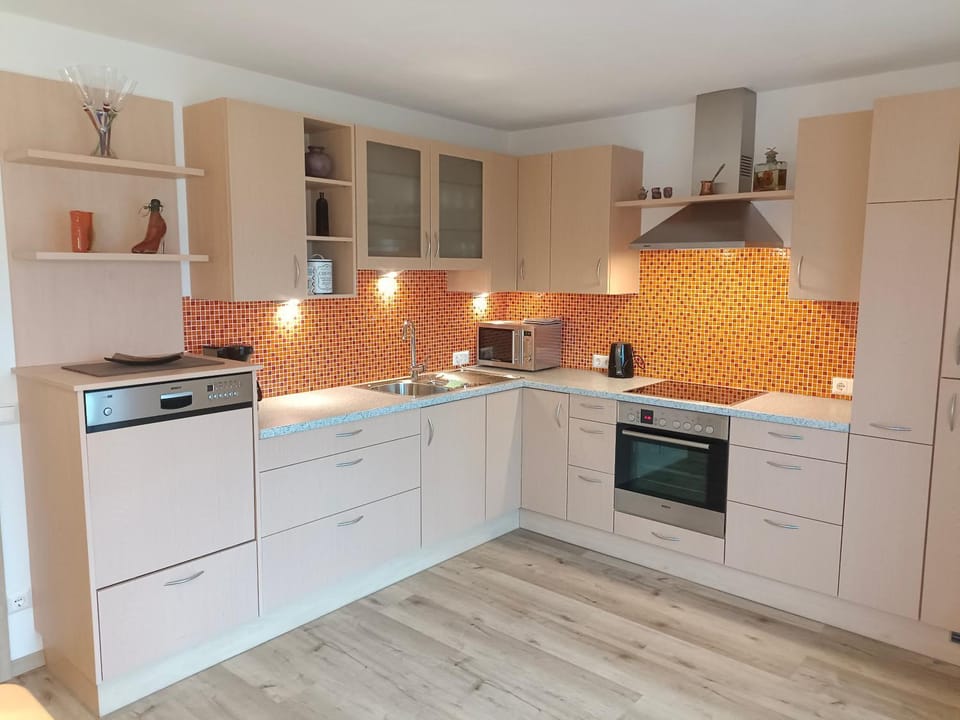 Kitchen or kitchenette, stove