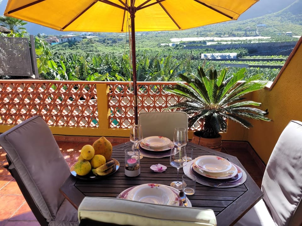 Natural landscape, View (from property/room), Balcony/Terrace, Dining area, Food, Mountain view