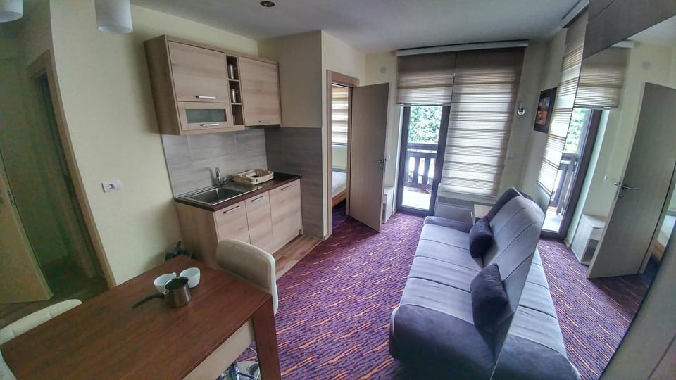 Kitchen or kitchenette, Living room, Seating area, Dining area