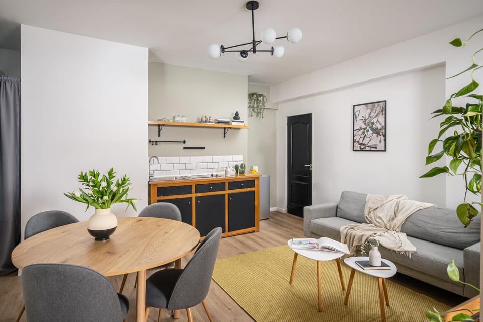 Kitchen or kitchenette, Living room, Seating area, Dining area, stove