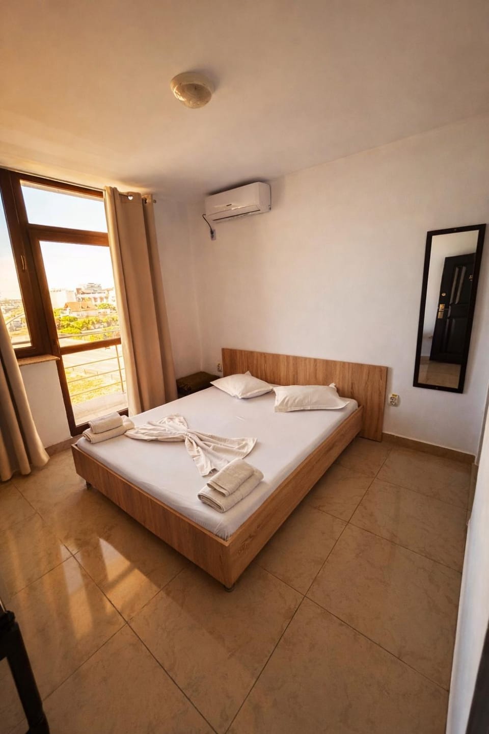 Bed, Photo of the whole room, Bedroom, towels, air conditioner