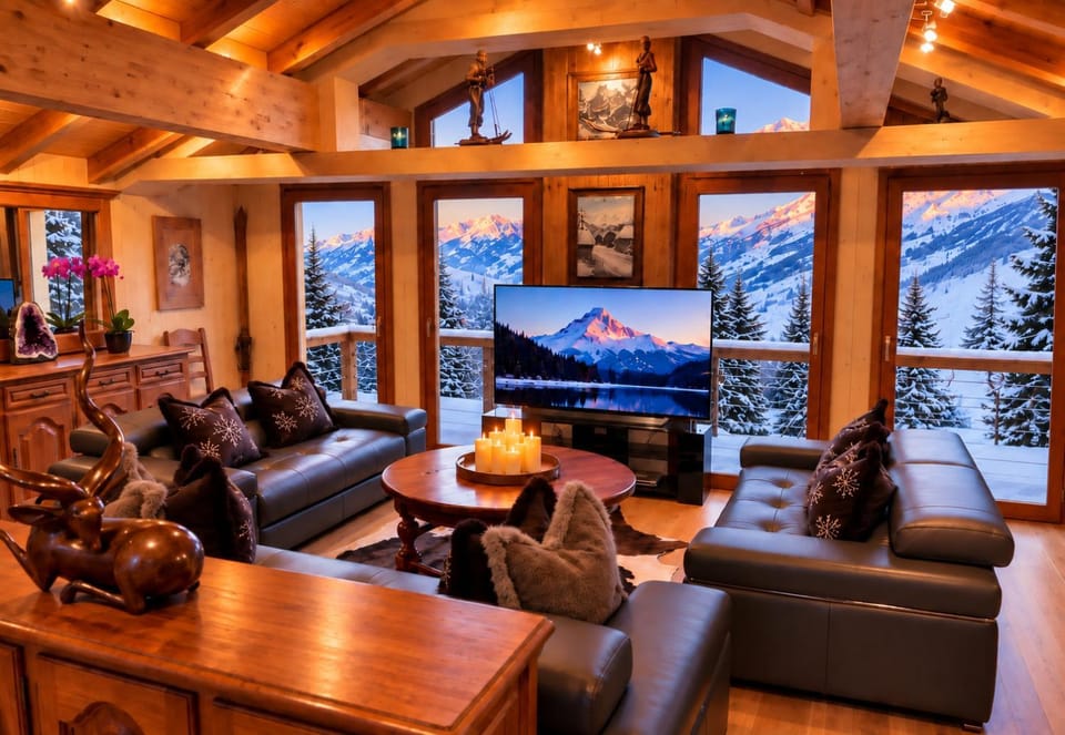 Natural landscape, Winter, TV and multimedia, Living room, Seating area, Evening entertainment, Mountain view