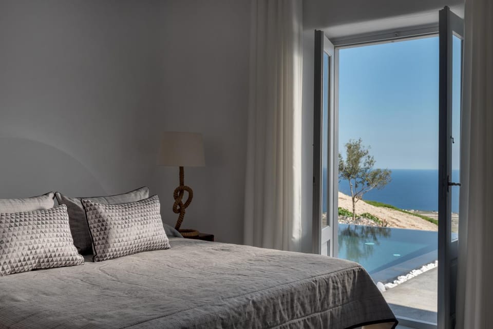 Bed, Natural landscape, Bedroom, Pool view, Sea view, Swimming pool