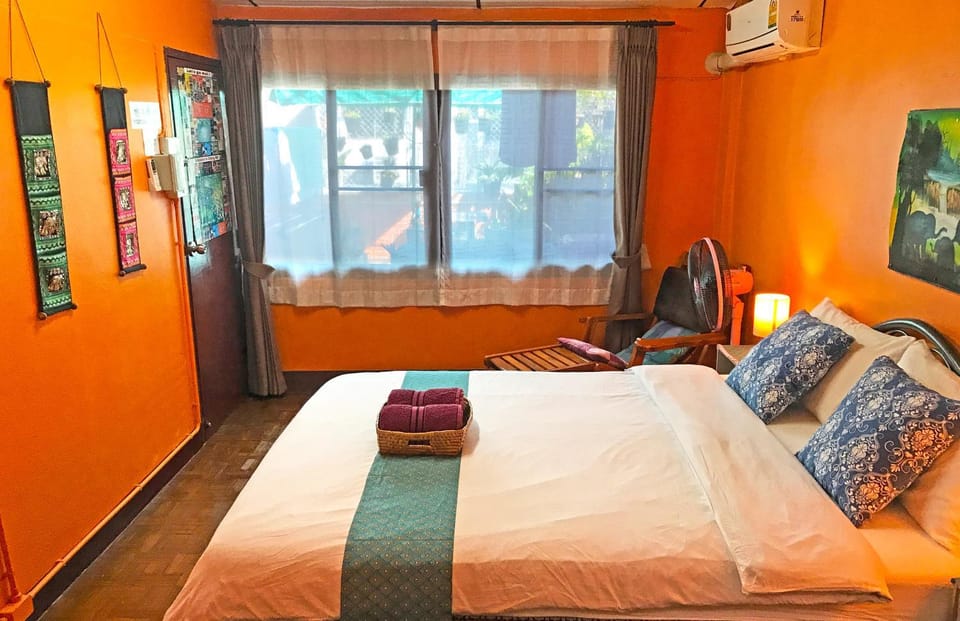 Bed, Photo of the whole room, Bedroom, towels, air conditioner
