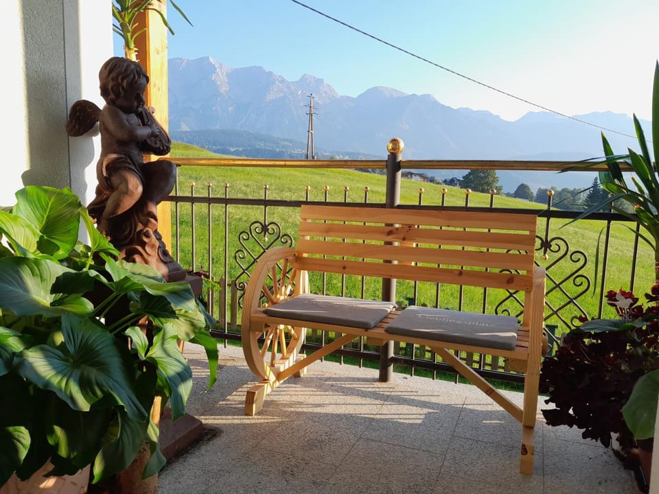 Facade/entrance, Day, Natural landscape, Summer, Garden, View (from property/room), Balcony/Terrace, Seating area, Mountain view, Sunrise