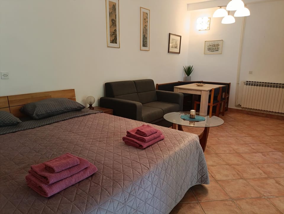 Bed, TV and multimedia, Living room, Photo of the whole room, Seating area, Bedroom, towels, kitchen, air conditioner