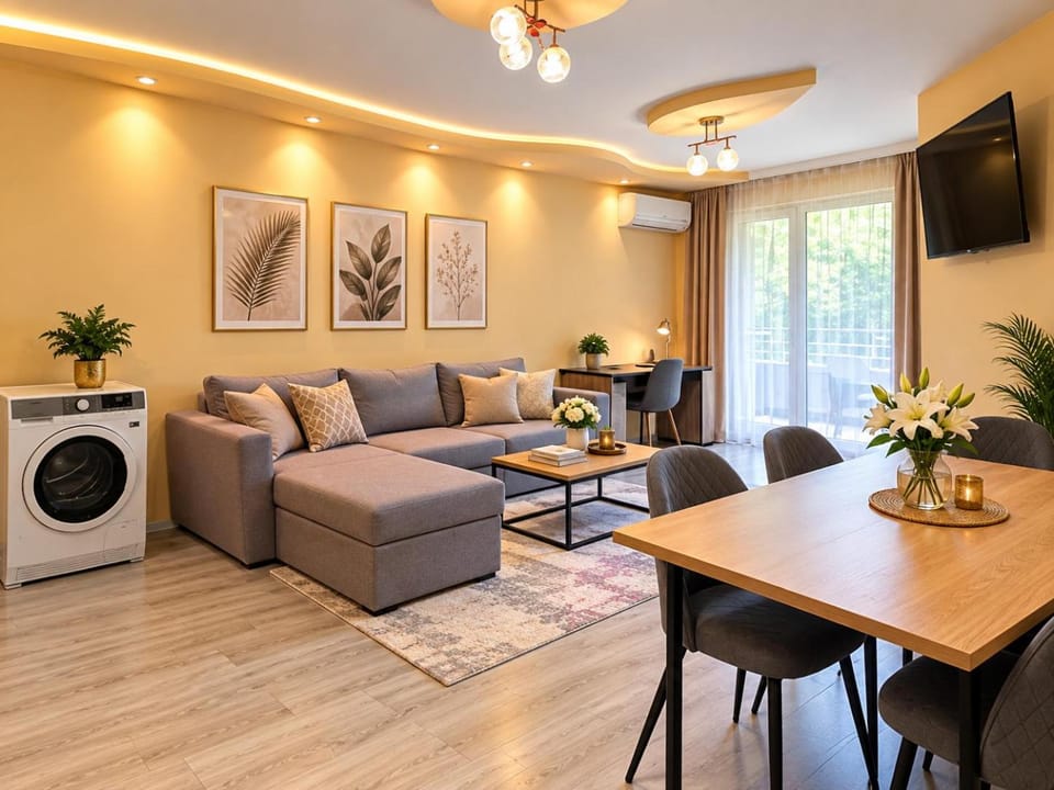 Communal lounge/ TV room, TV and multimedia, Kitchen or kitchenette, Living room, Seating area, Dining area, fireplace, washing machine, air conditioner