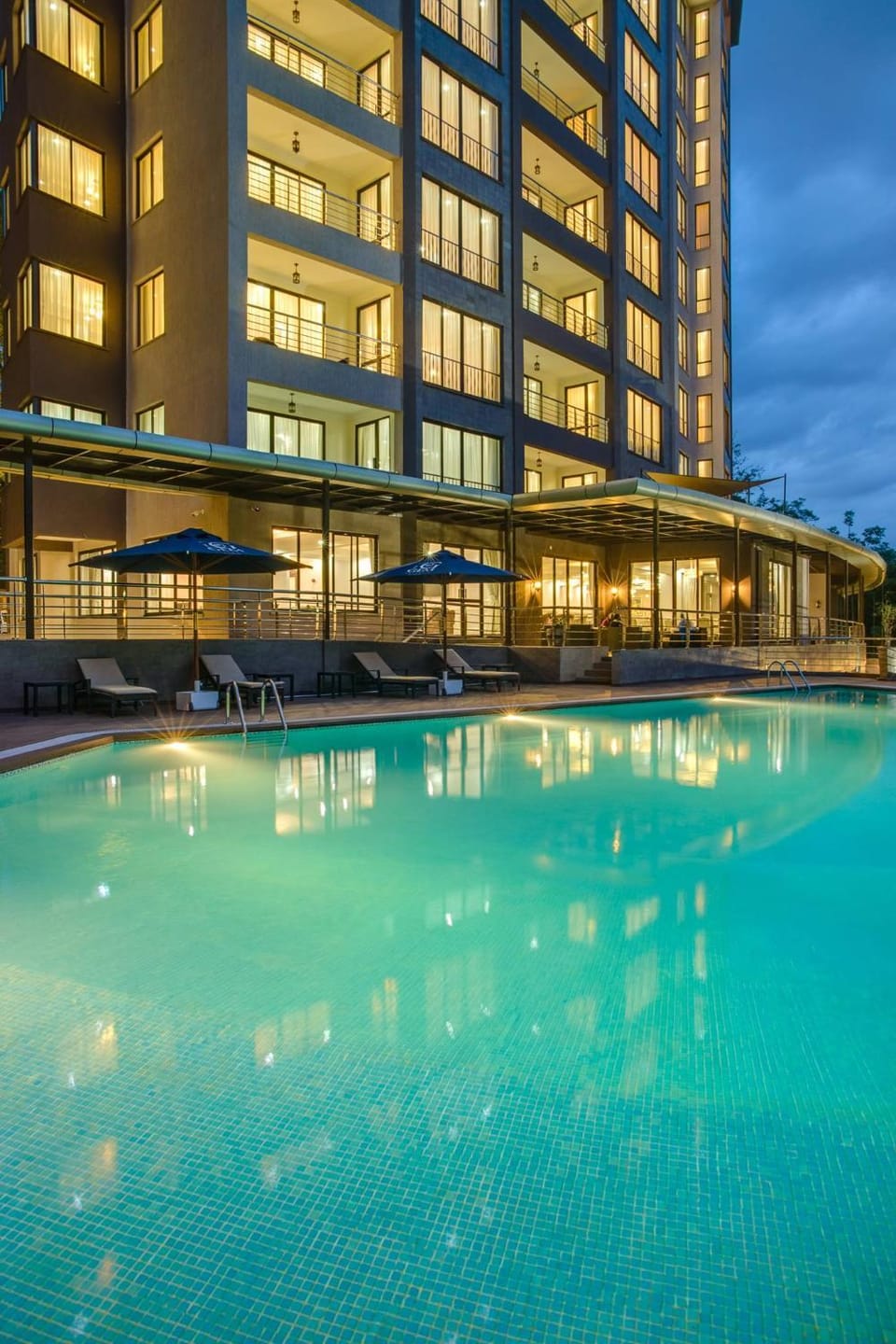 Property building, Night, TV and multimedia, Pool view, Swimming pool