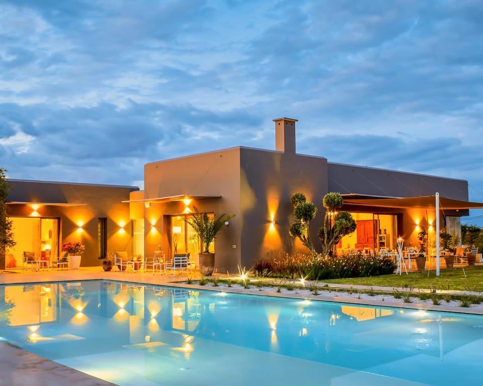 Property building, Swimming pool, Sunset