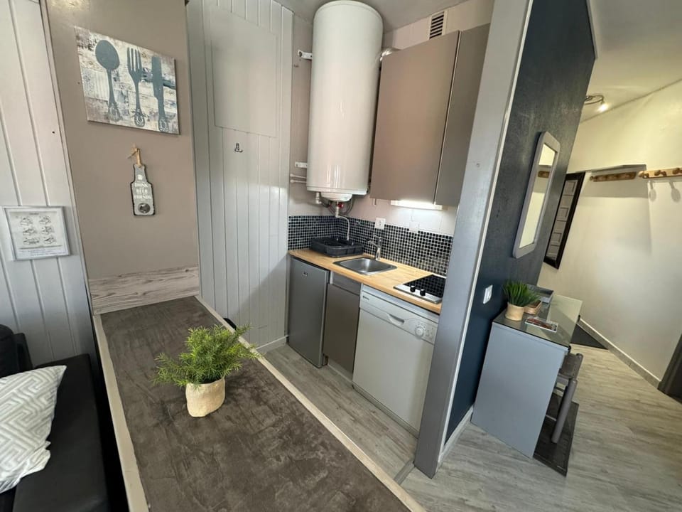 Kitchen or kitchenette, dishwasher, stove