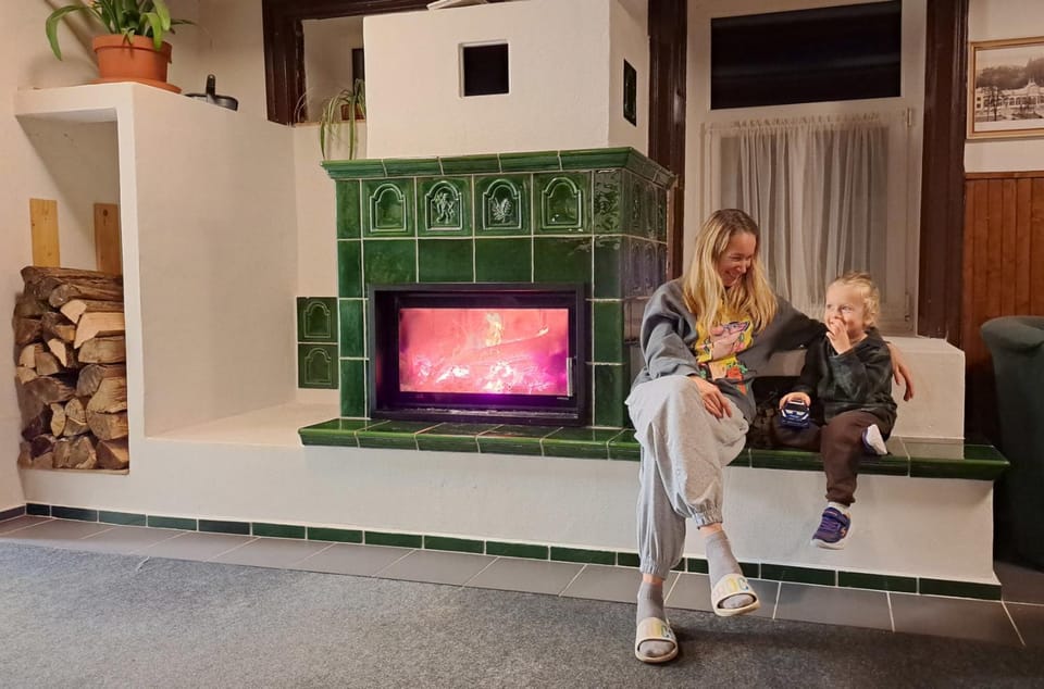 Communal lounge/ TV room, People, Seating area, children, group of guests, Family, fireplace