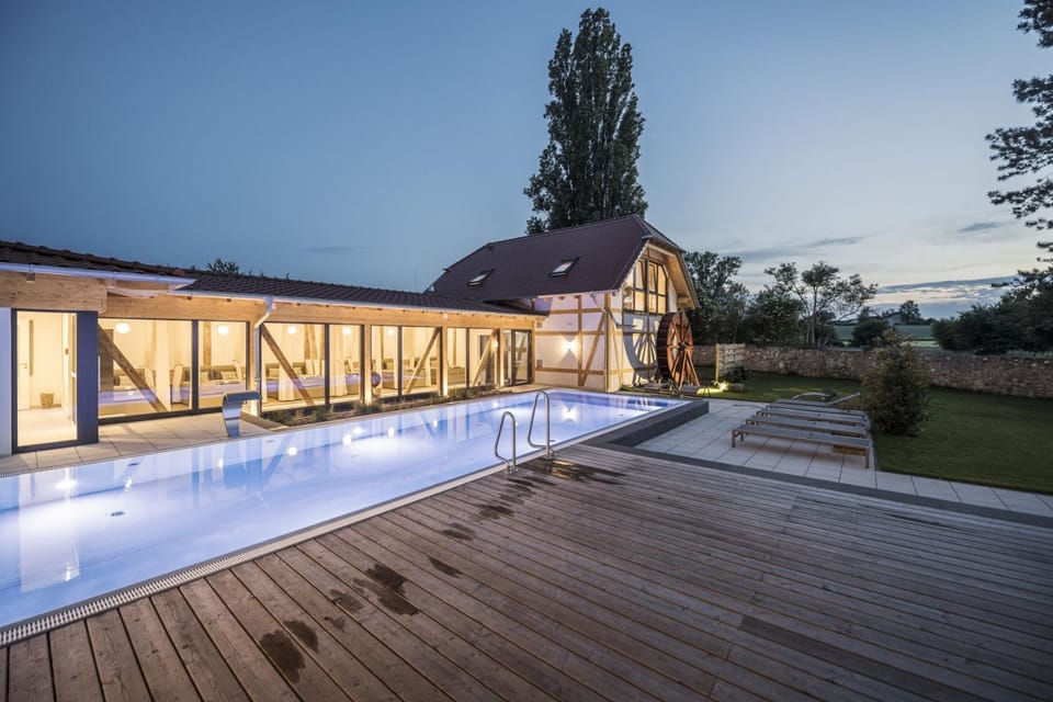 Property building, Swimming pool, Sunset