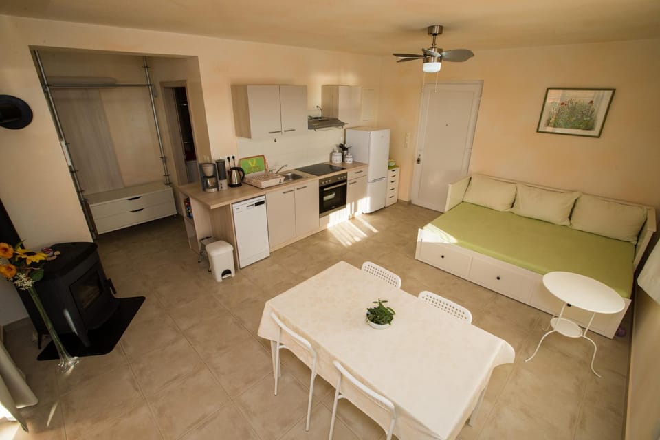 Kitchen or kitchenette, Living room, Seating area, Dining area