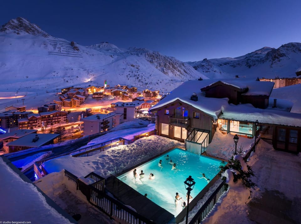 Property building, Night, Natural landscape, Winter, Mountain view, Pool view, Swimming pool