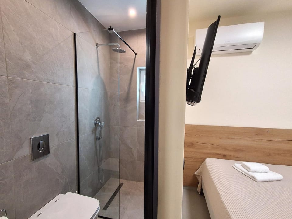 Shower, Toilet, Bed, Bathroom, TV and multimedia, Photo of the whole room, Bedroom, towels, air conditioner