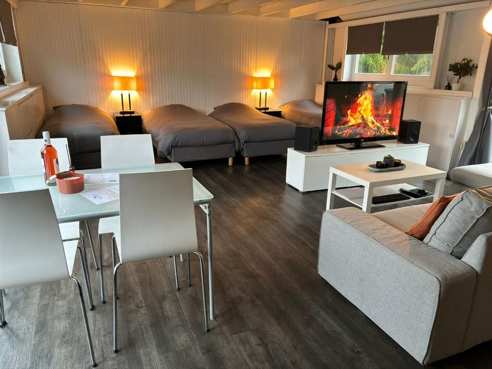 Bed, TV and multimedia, Living room, Seating area, Dining area