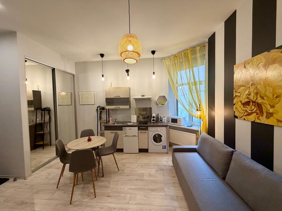 Kitchen or kitchenette, Living room, Seating area, Dining area, stove