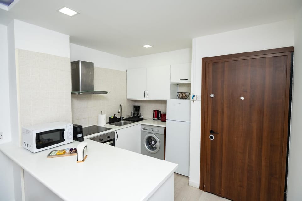 Kitchen or kitchenette, oven, stove, toaster, washing machine