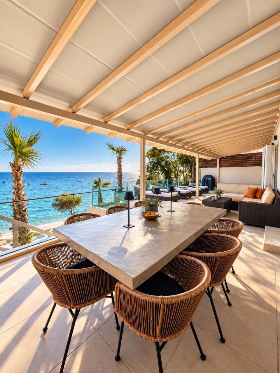 Property building, Natural landscape, Balcony/Terrace, Seating area, Dining area, Sea view