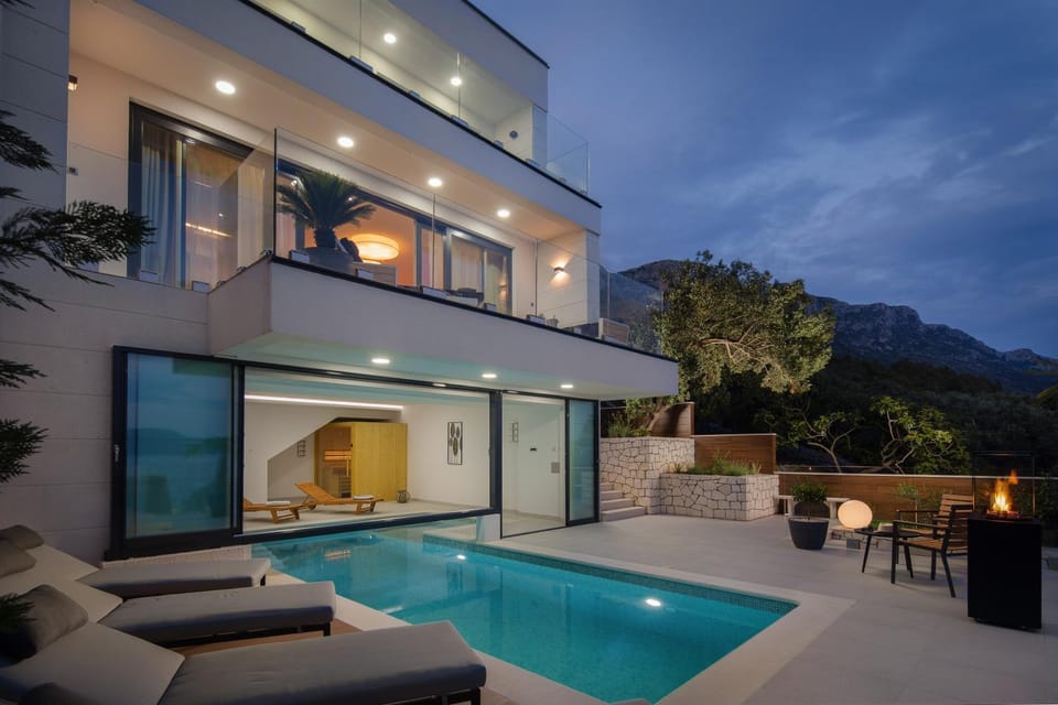 Property building, Swimming pool, Sunset