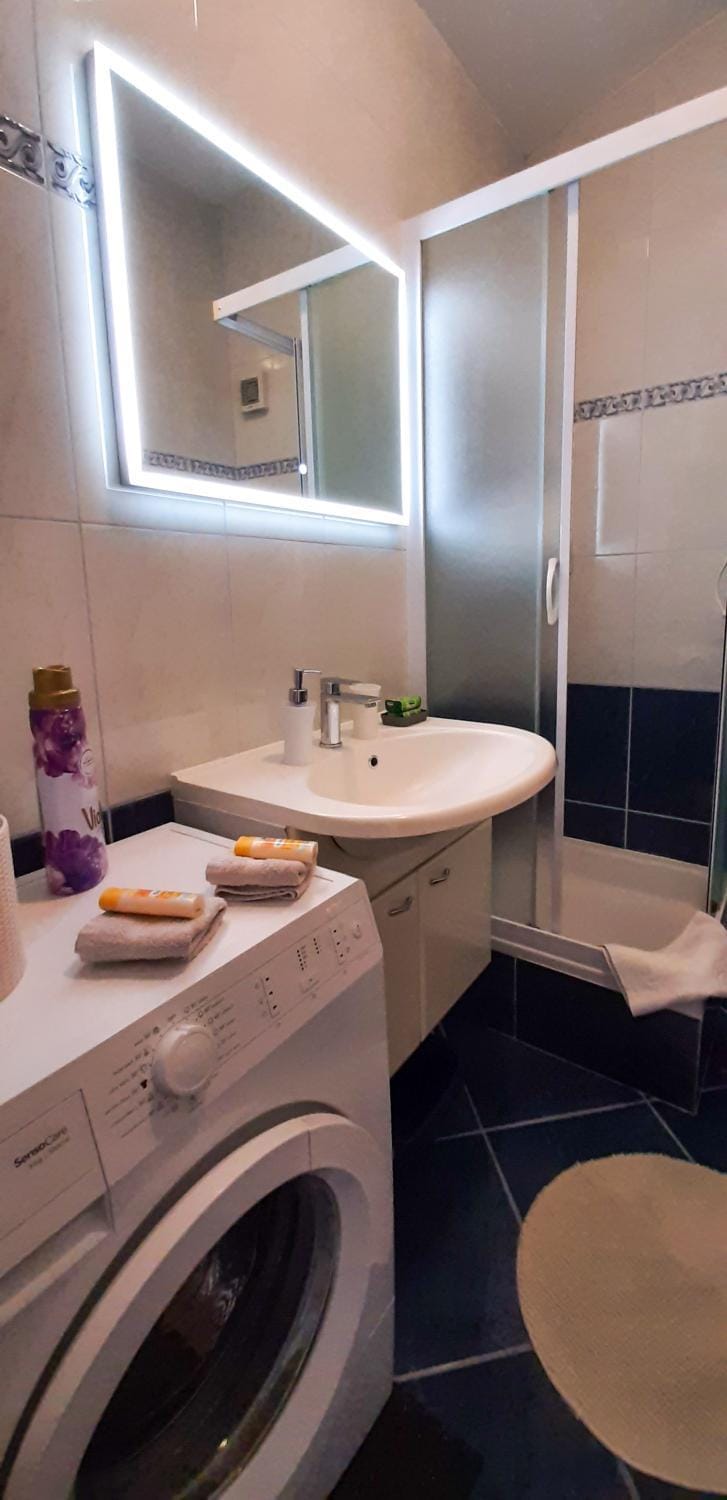 Shower, Toilet, Bathroom, heating, towels, washing machine