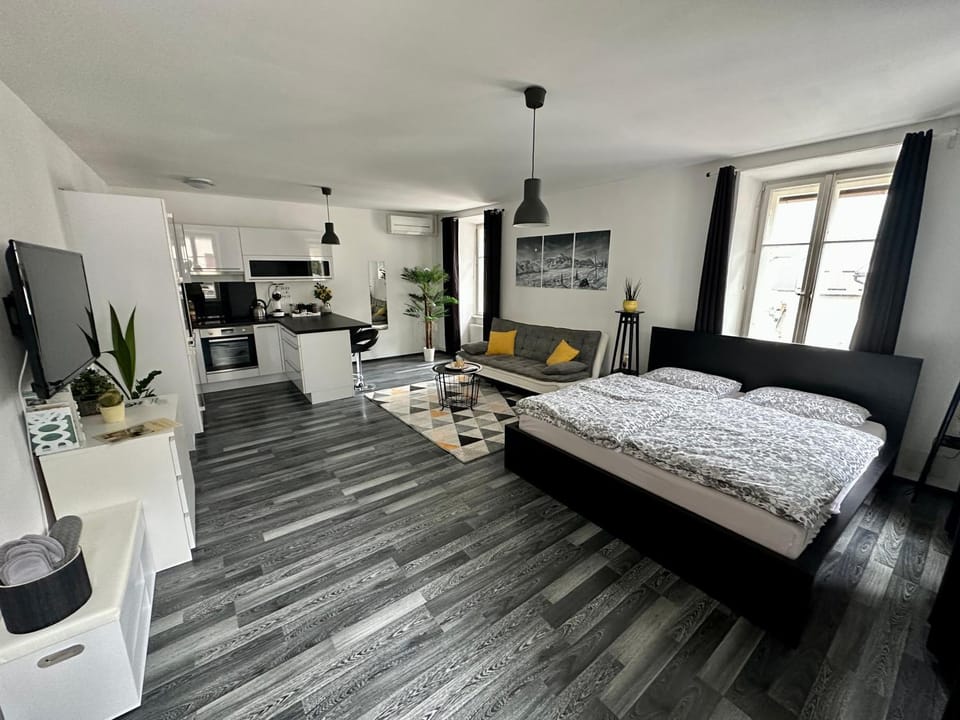 Bed, TV and multimedia, Kitchen or kitchenette, Living room, Photo of the whole room, Seating area, Bedroom