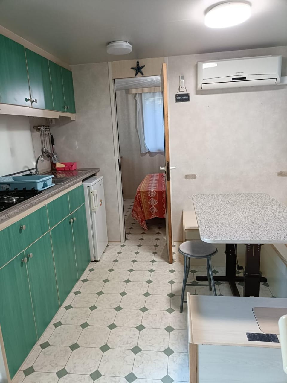 Kitchen or kitchenette, stove