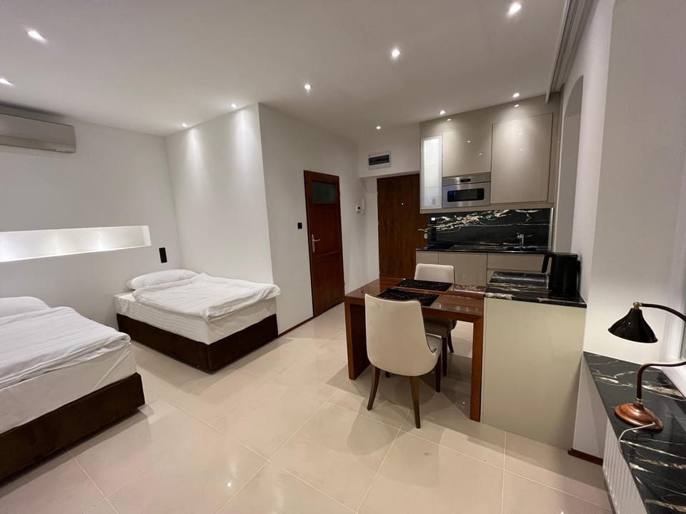 Bed, TV and multimedia, Kitchen or kitchenette, Photo of the whole room, Dining area, Bedroom, oven, air conditioner