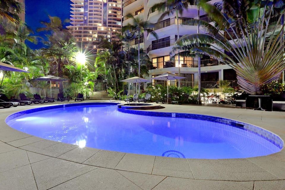Property building, Night, Pool view, Swimming pool