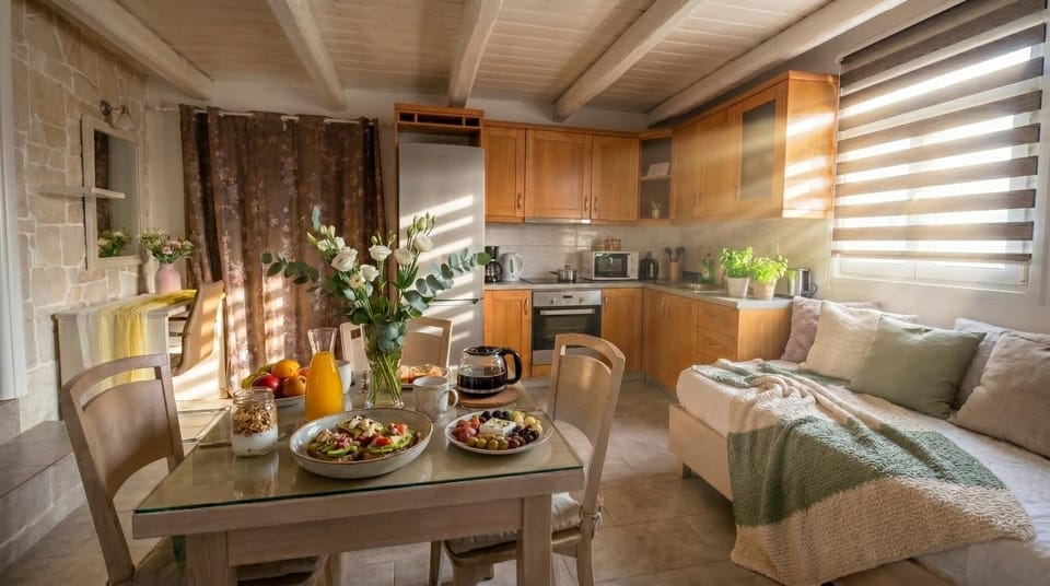 Kitchen or kitchenette, Living room, Seating area, Dining area